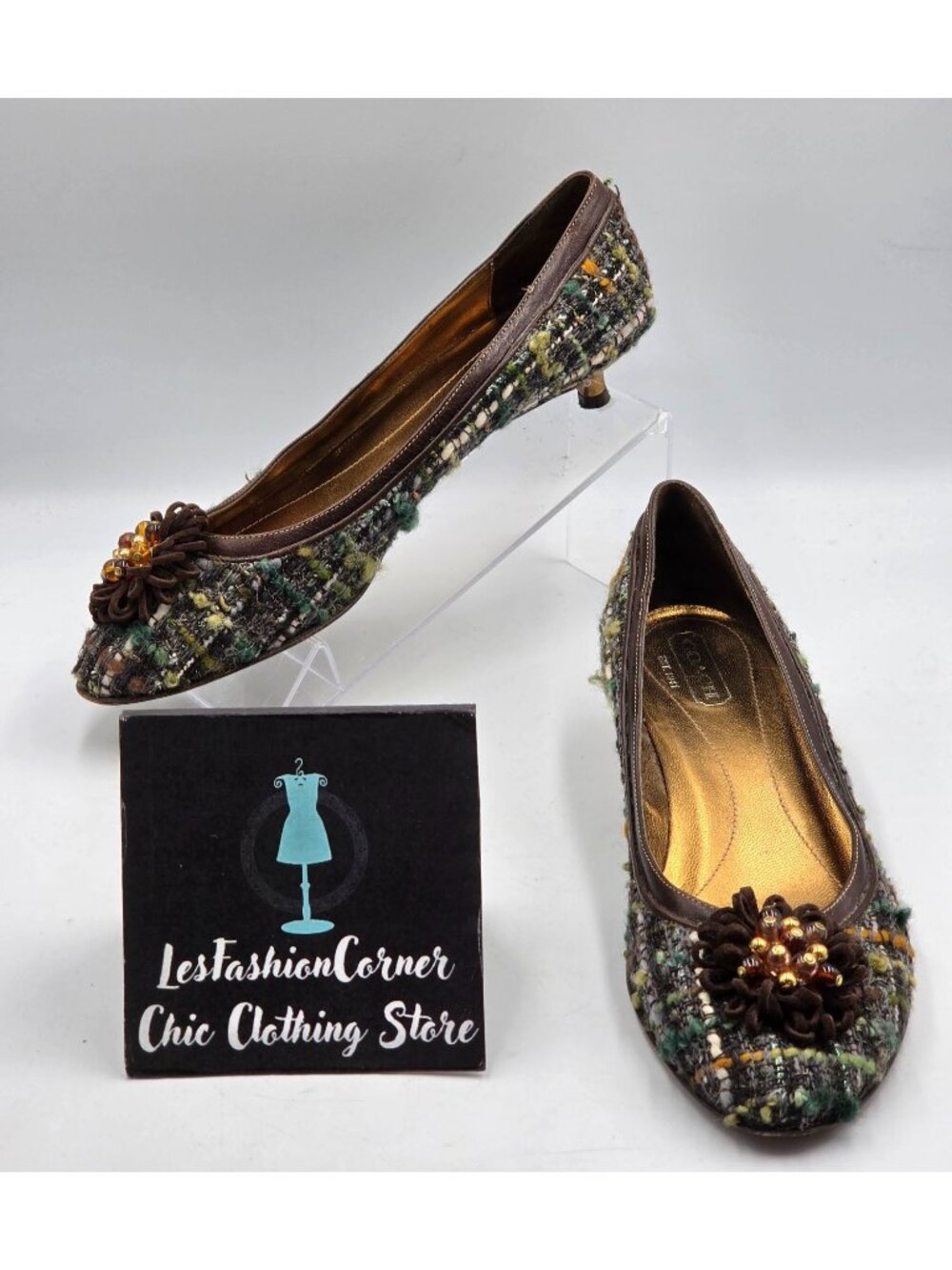 Vintage Coach Women's Green Tweed Beaded Floral Kitten Heel Pumps Size 8.5 3947